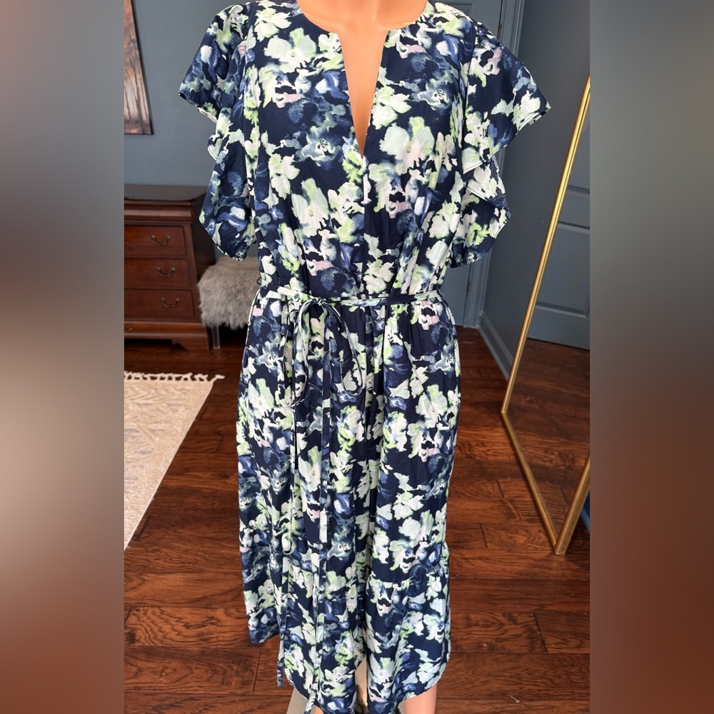 Floral Midi Dress Navy Green Tie Waist Pockets Short Sleeve 1X - Picture 2 of 8
